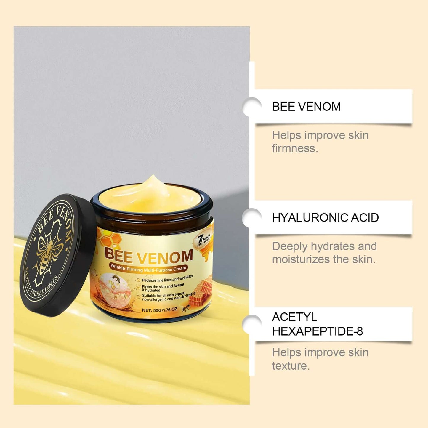 Mild Ingredients Nourish Skin Care Cream for Hydration shown in a jar with labels highlighting key benefits.