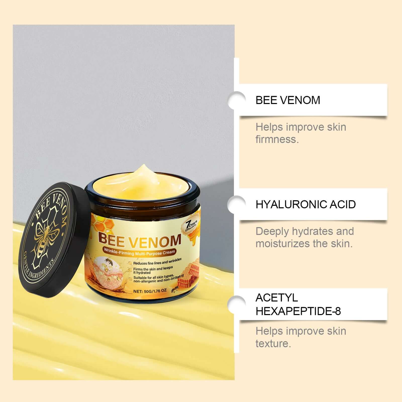 Mild Ingredients Nourish Skin Care Cream for Hydration shown in a jar with labels highlighting key benefits.